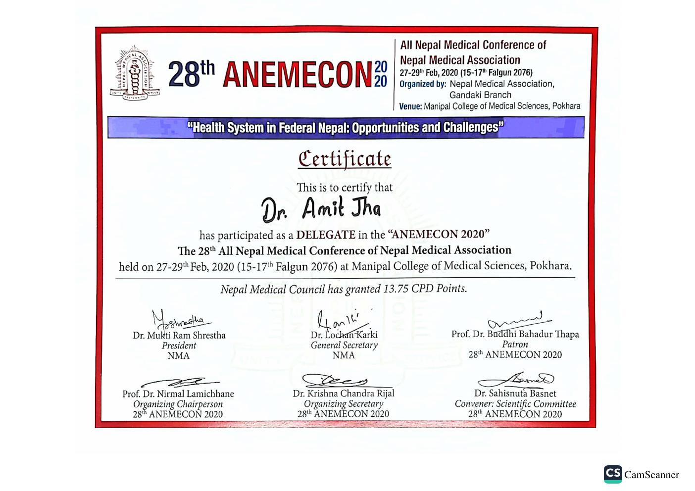 28th ANEMECON Certificate