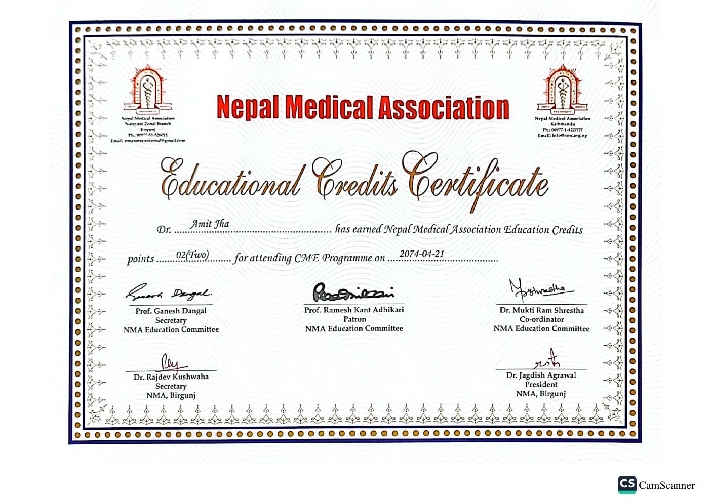 NMA Educational Credits Certificate