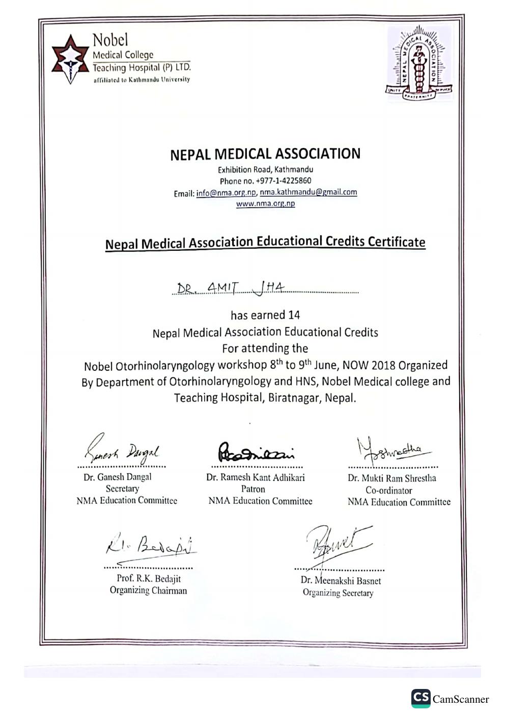NMA Educational Credits Certificate - NOW 2018